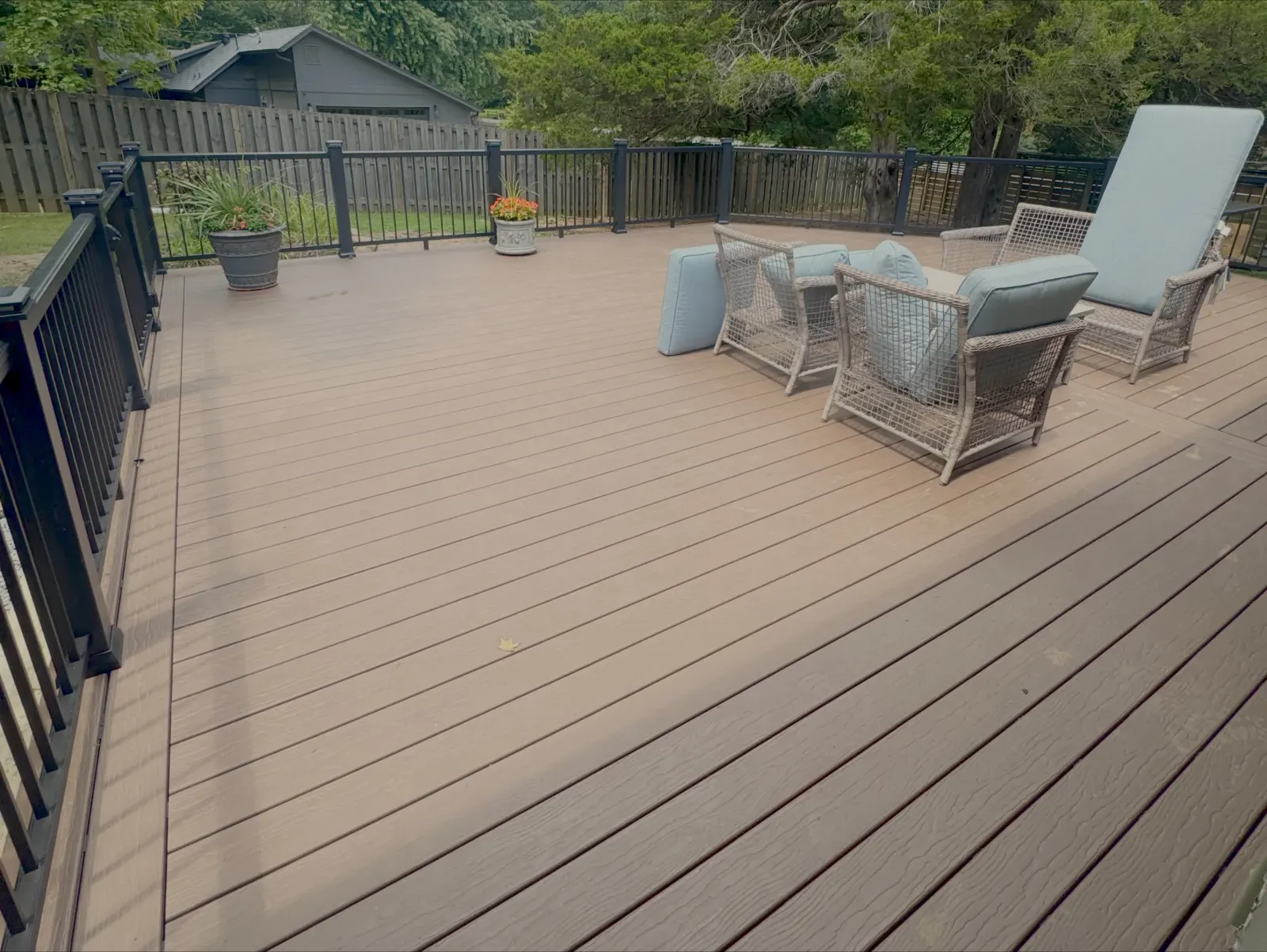 Composite deck with metal handrail, waterproof decking