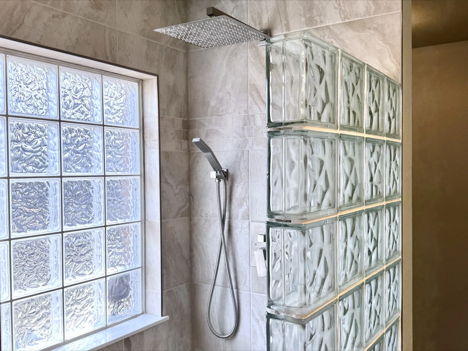 Custom shower with glass block window